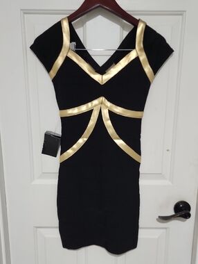 bebe Black Mini Dress with Gold Trim
